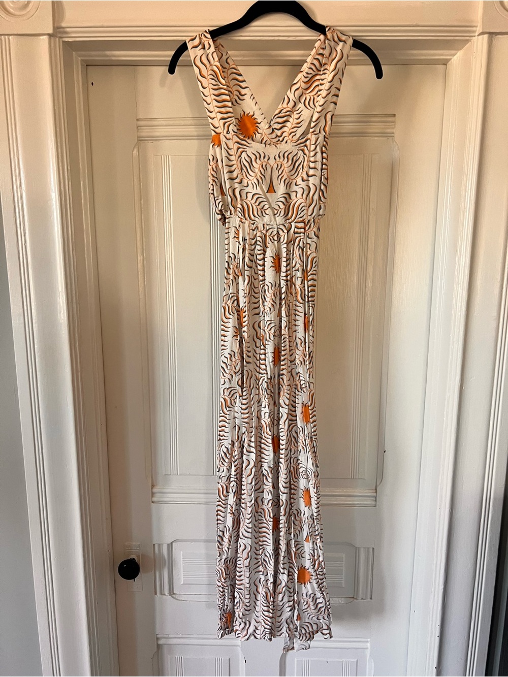 Anthropologie Cream Maxi Dress with Orange & Brown Abstract Sun Print